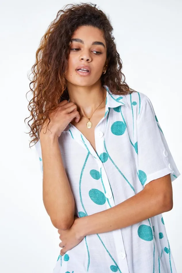 Green Spot Print Button Through Shirt Women Roman Tops