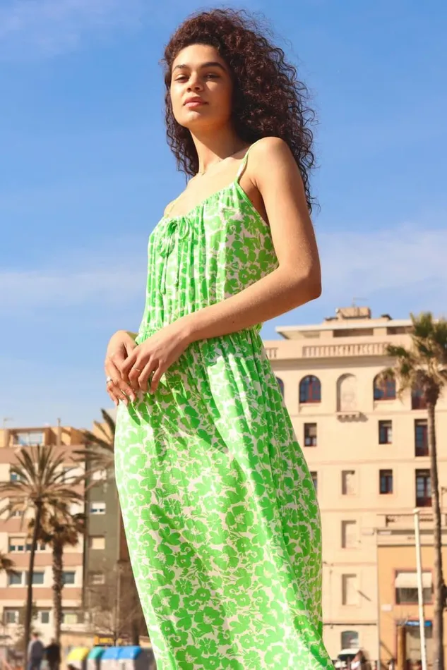 Green Strappy Floral Tie Detail Midi Dress Women Roman Dresses