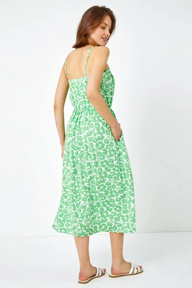 Green Strappy Floral Tie Detail Midi Dress Women Roman Dresses
