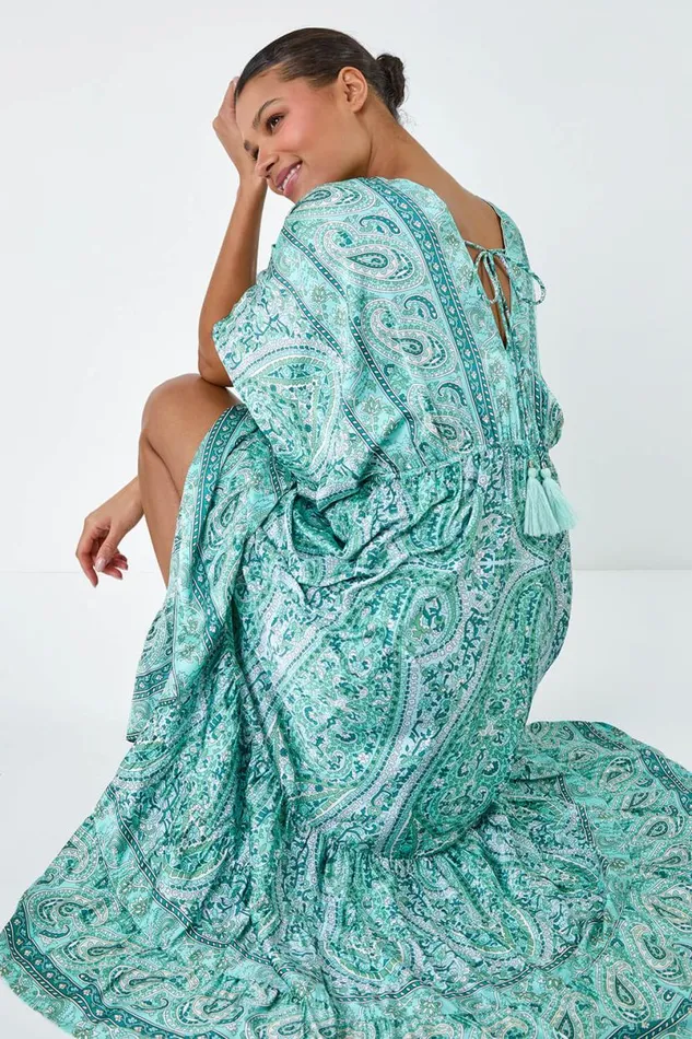 Green Tie Back Tassel Detail Tiered Dress Women Roman Dresses