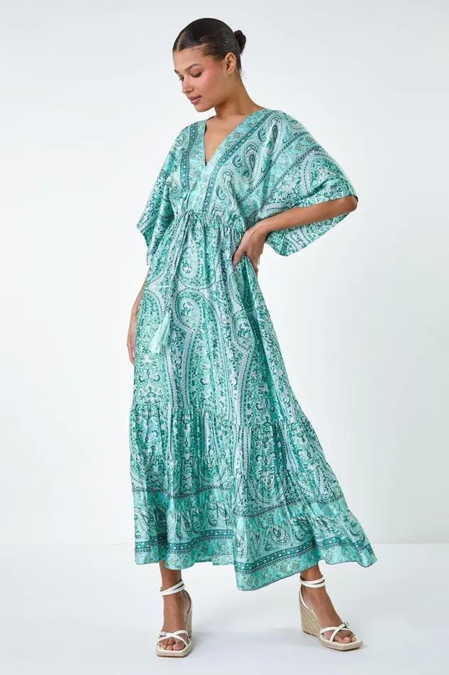 Green Tie Back Tassel Detail Tiered Dress Women Roman Dresses