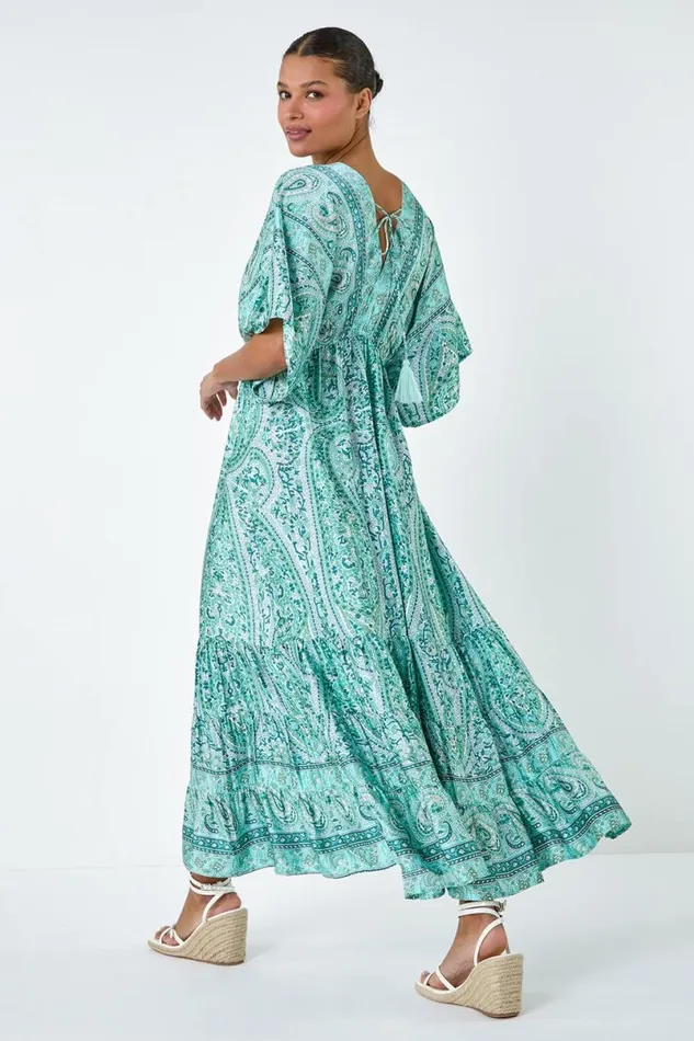 Green Tie Back Tassel Detail Tiered Dress Women Roman Dresses