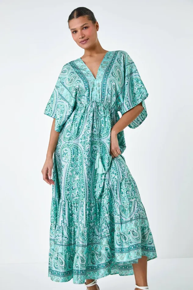 Green Tie Back Tassel Detail Tiered Dress Women Roman Dresses