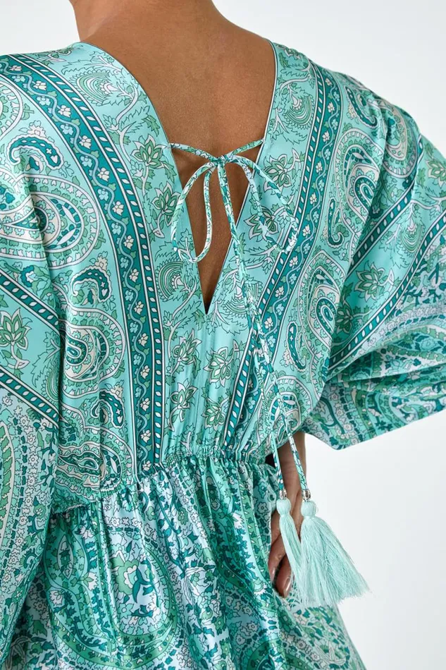Green Tie Back Tassel Detail Tiered Dress Women Roman Dresses