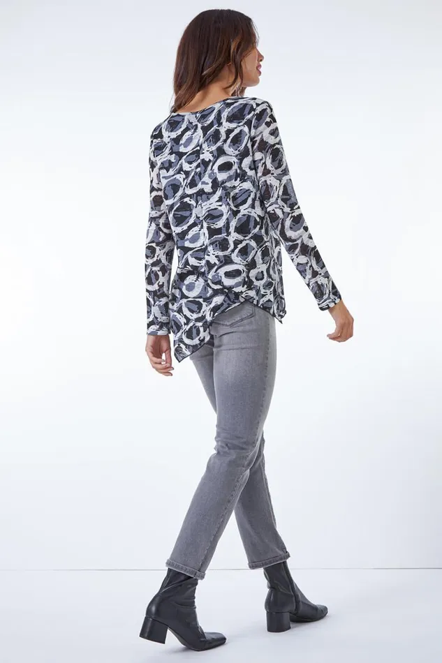 Grey Circle Print Asymmetric Hem Top Women Roman Tops