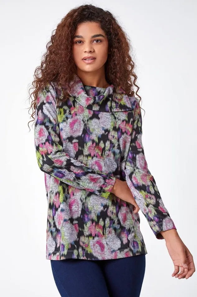 Grey Floral Print Fold Neck Stretch Top Women Roman Tops
