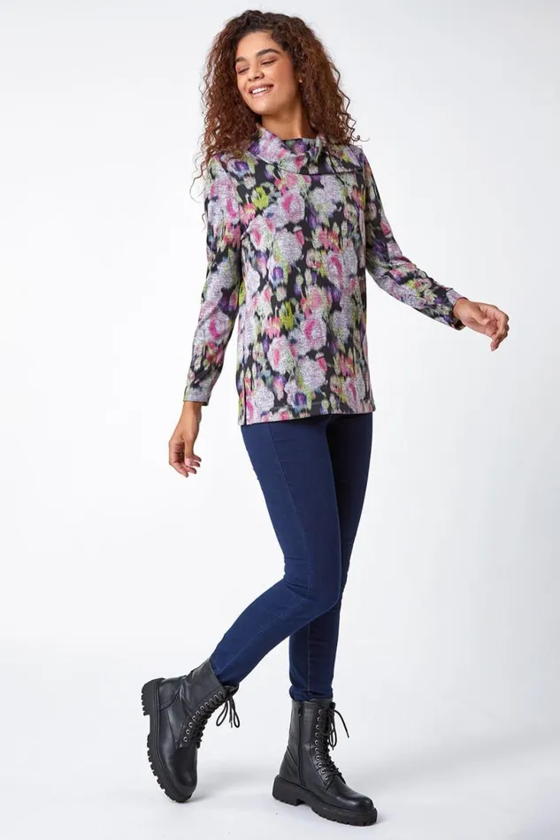 Grey Floral Print Fold Neck Stretch Top Women Roman Tops