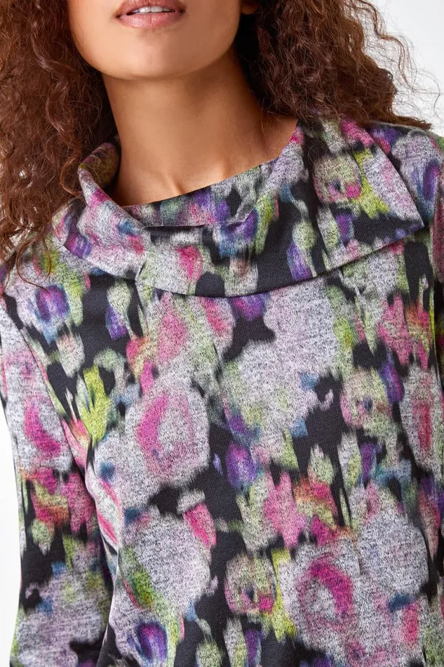Grey Floral Print Fold Neck Stretch Top Women Roman Tops