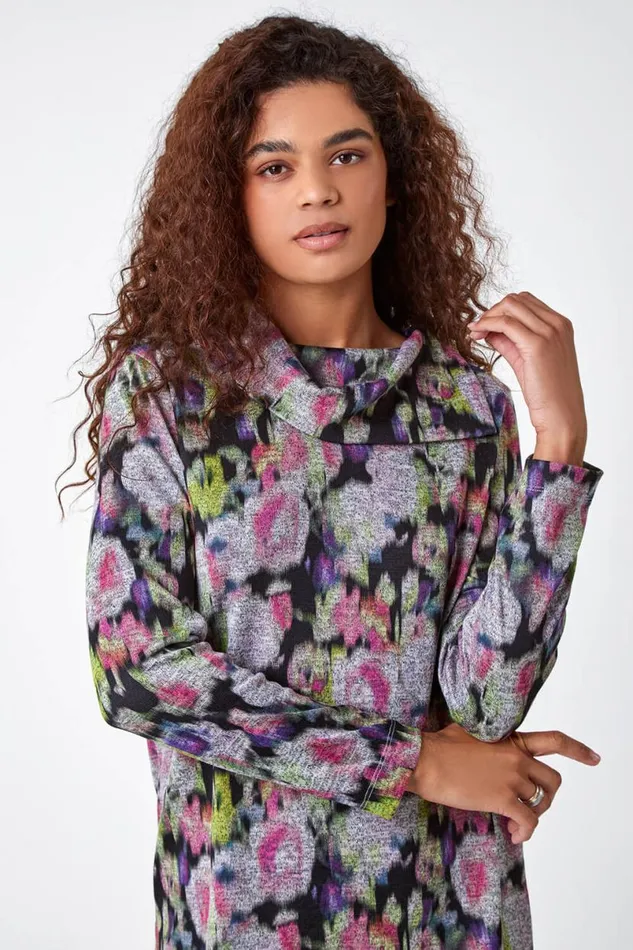 Grey Floral Print Fold Neck Stretch Top Women Roman Tops