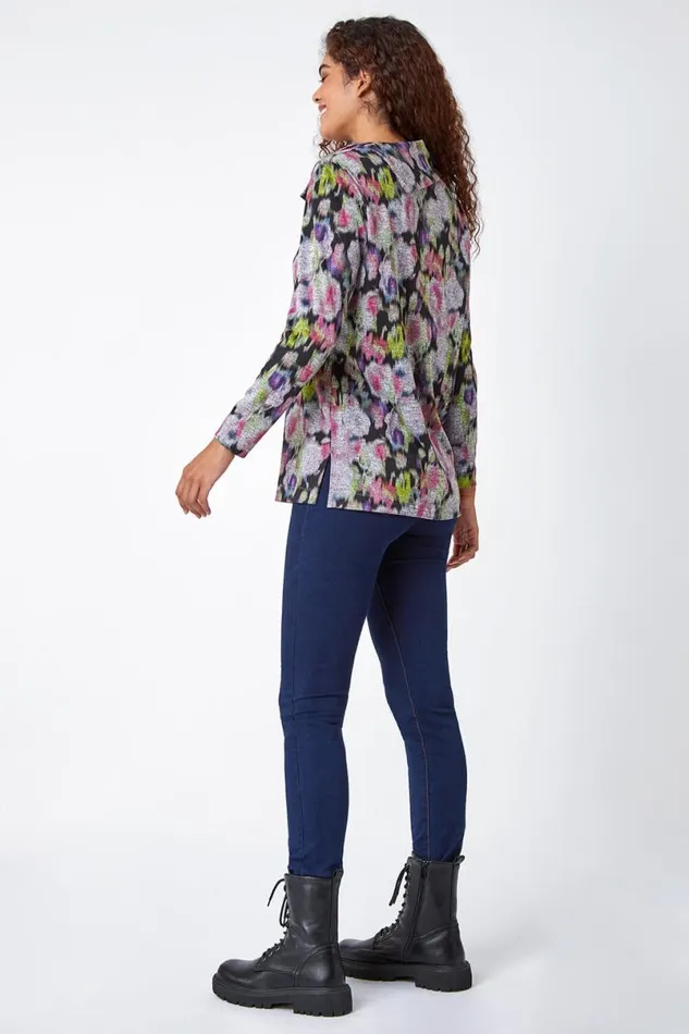 Grey Floral Print Fold Neck Stretch Top Women Roman Tops