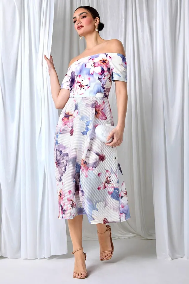 Grey Floral Print Premium Stretch Bardot Dress Women Roman Dresses