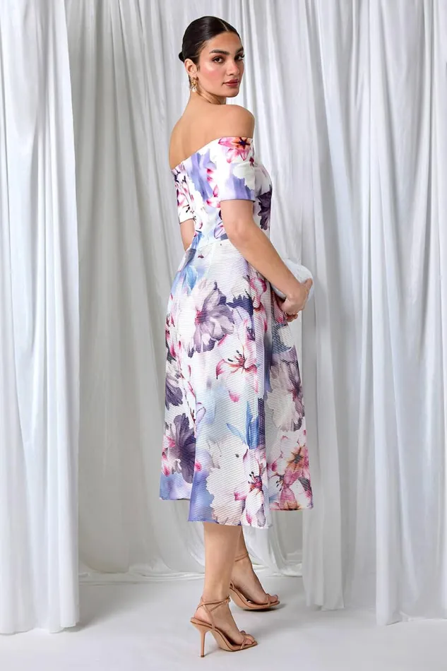 Grey Floral Print Premium Stretch Bardot Dress Women Roman Dresses