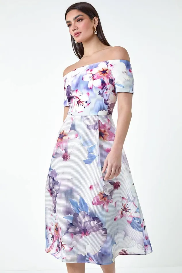Grey Floral Print Premium Stretch Bardot Dress Women Roman Dresses