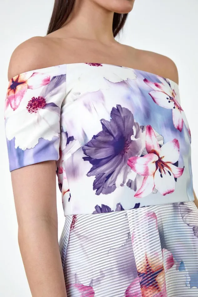 Grey Floral Print Premium Stretch Bardot Dress Women Roman Dresses