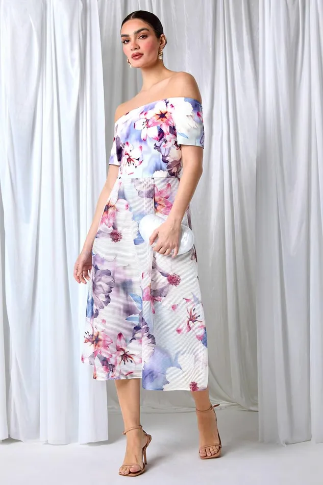 Grey Floral Print Premium Stretch Bardot Dress Women Roman Dresses