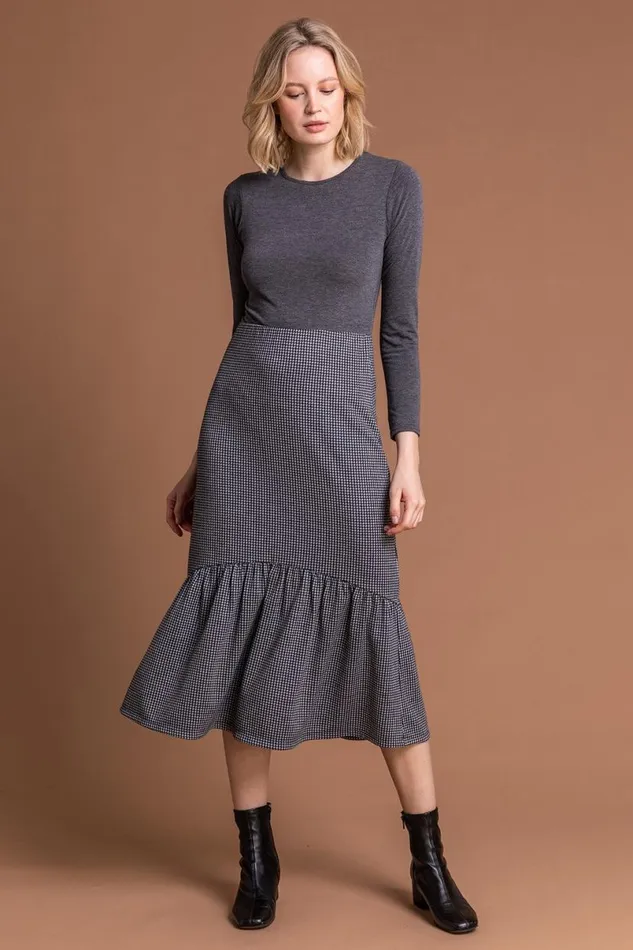 Grey Houndstooth Tiered Midi Skirt Women Roman Dresses