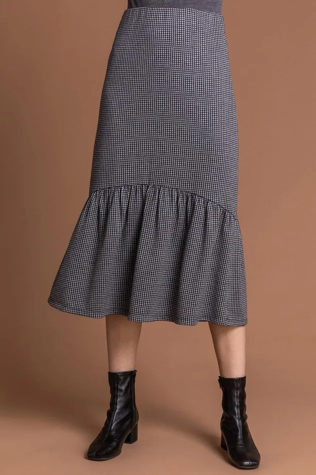 Grey Houndstooth Tiered Midi Skirt Women Roman Dresses