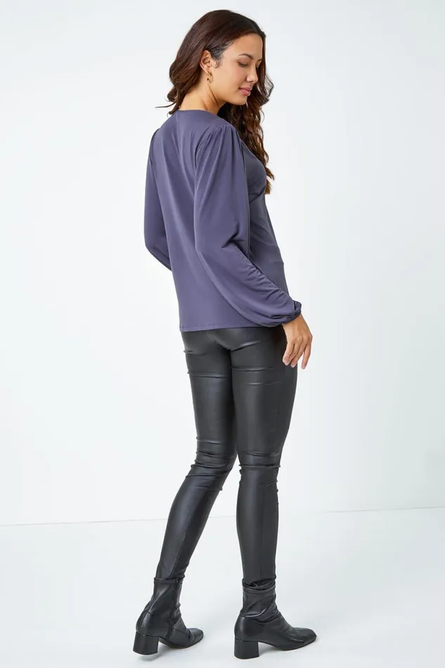 Grey Zip Detail VNeck Stretch Top Women Roman Tops