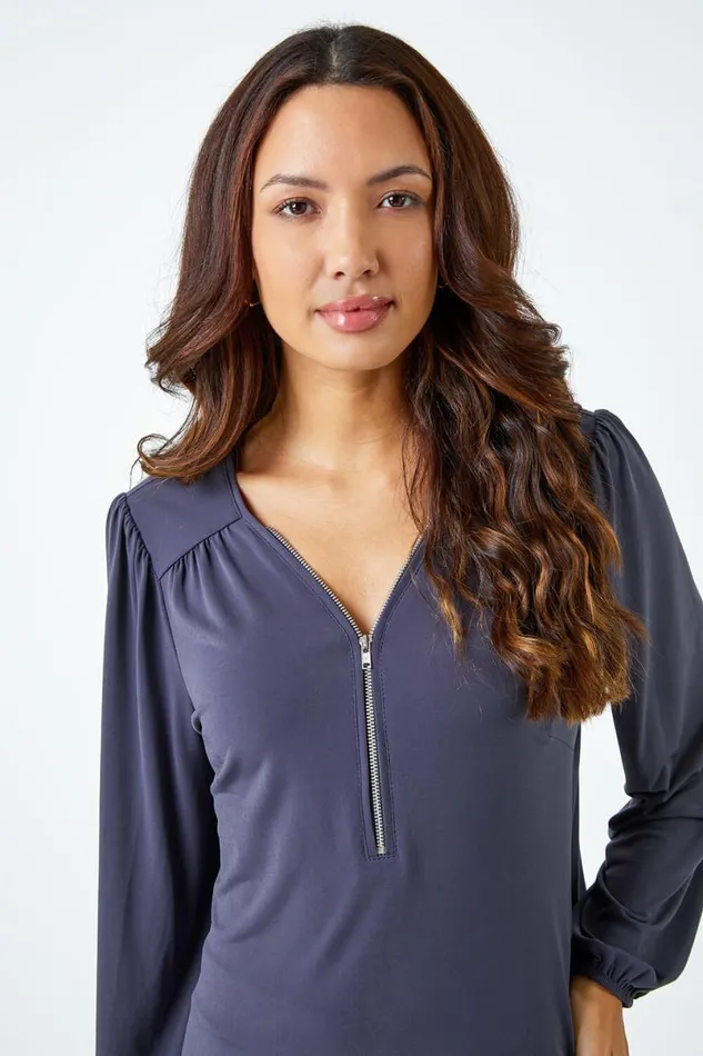 Grey Zip Detail VNeck Stretch Top Women Roman Tops