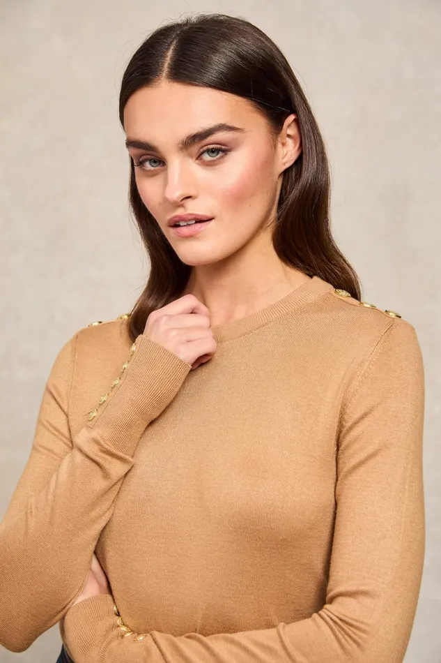 Holland Cooper Buttoned Knit Crew Neck Dark Camel Women Knitwear Holland Cooper Buttoned Knit Crew Neck Dark Camel Women Knitwear