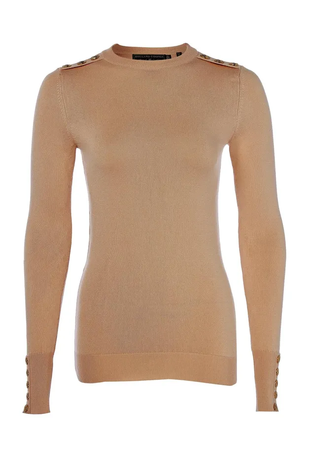 Holland Cooper Buttoned Knit Crew Neck Dark Camel Women Knitwear Holland Cooper Buttoned Knit Crew Neck Dark Camel Women Knitwear