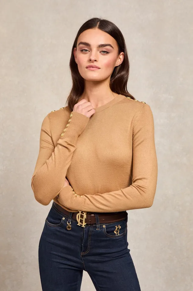Holland Cooper Buttoned Knit Crew Neck Dark Camel Women Knitwear Holland Cooper Buttoned Knit Crew Neck Dark Camel Women Knitwear