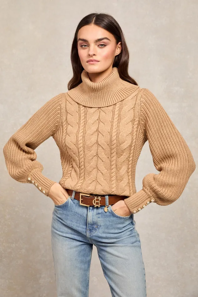 Holland Cooper Corded Roll Neck Knit Camel Women Knitwear