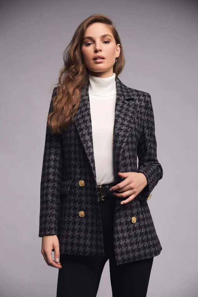 Holland Cooper Double Breasted Blazer Large Scale Charcoal Houndstooth Women Tailoring