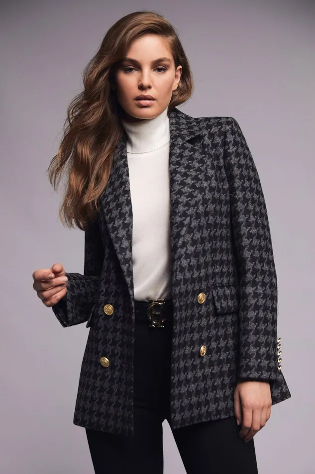 Holland Cooper Double Breasted Blazer Large Scale Charcoal Houndstooth Women Tailoring