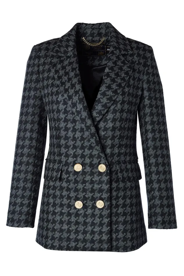 Holland Cooper Double Breasted Blazer Large Scale Charcoal Houndstooth Women Tailoring