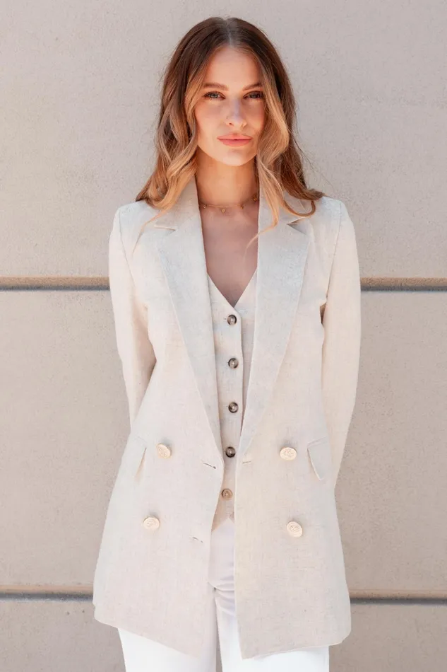 Holland Cooper Double Breasted Blazer Natural Linen Women Tailoring