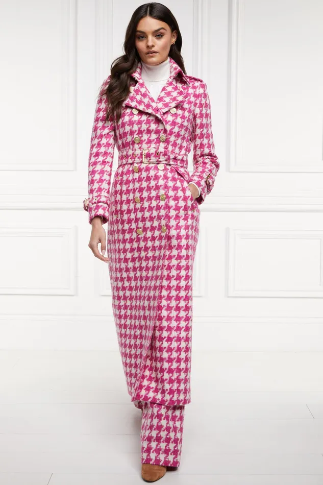 Holland Cooper Full Length Marlborough Trench Coat Hot Pink Large Scale Houndstooth Women Tailoring