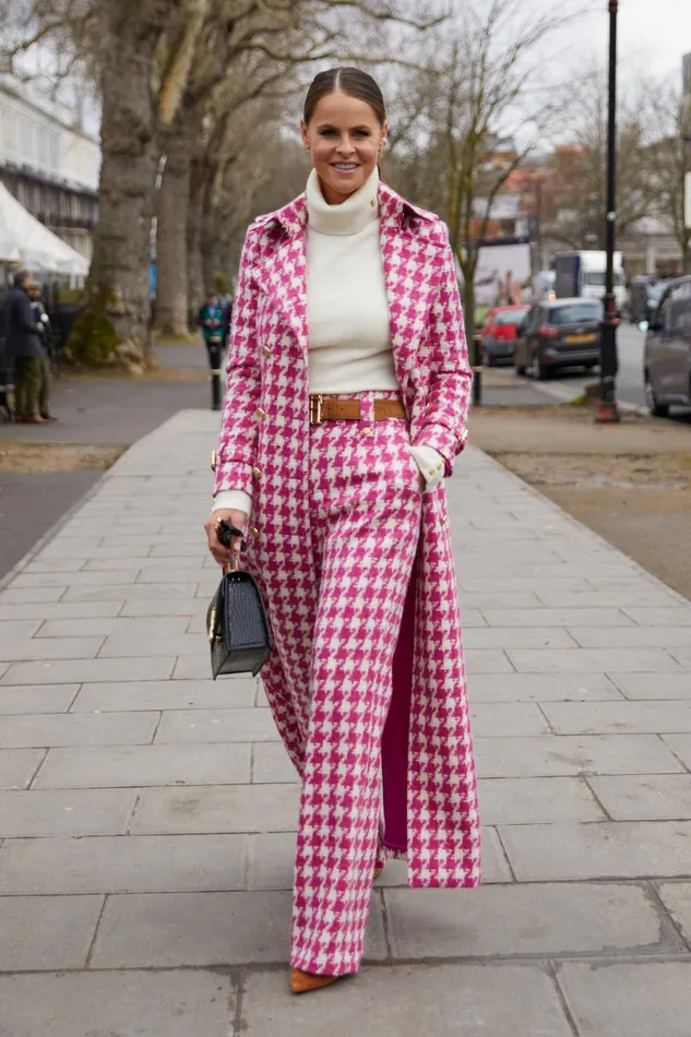 Holland Cooper Full Length Marlborough Trench Coat Hot Pink Large Scale Houndstooth Women Tailoring