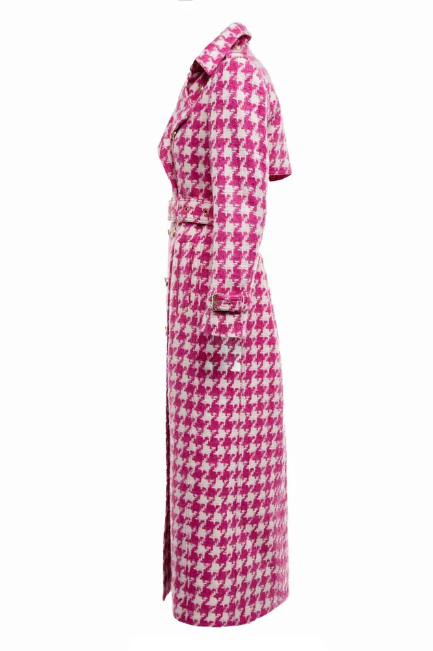 Holland Cooper Full Length Marlborough Trench Coat Hot Pink Large Scale Houndstooth Women Tailoring