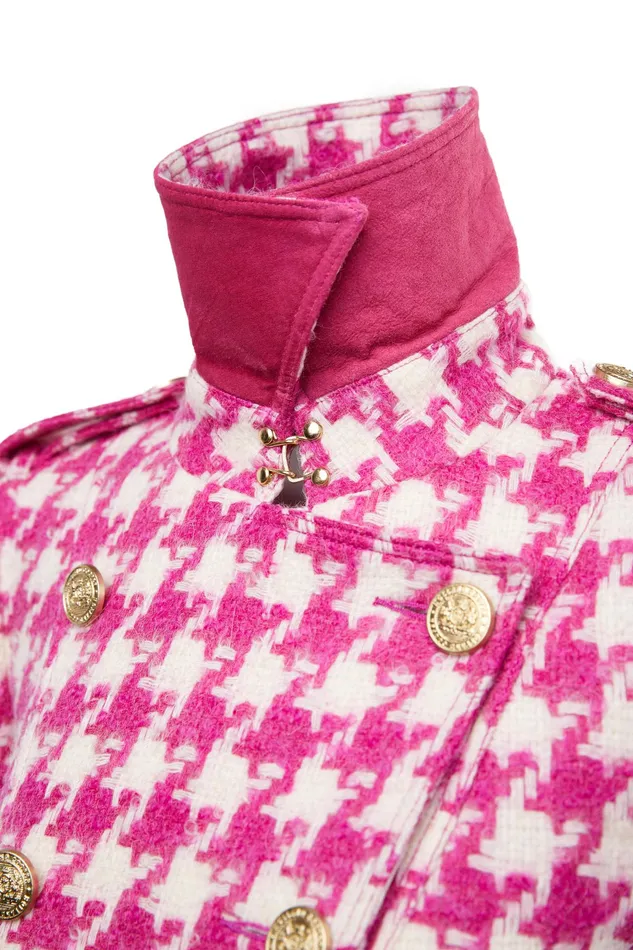 Holland Cooper Full Length Marlborough Trench Coat Hot Pink Large Scale Houndstooth Women Tailoring