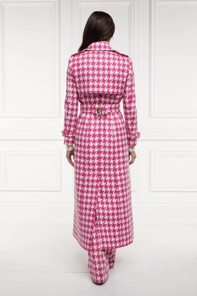 Holland Cooper Full Length Marlborough Trench Coat Hot Pink Large Scale Houndstooth Women Tailoring