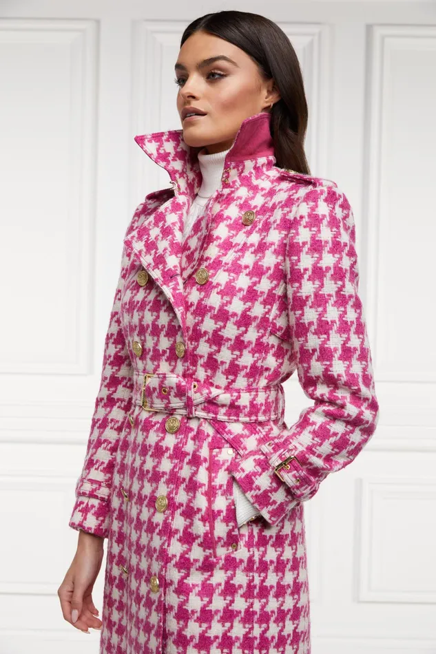 Holland Cooper Full Length Marlborough Trench Coat Hot Pink Large Scale Houndstooth Women Tailoring