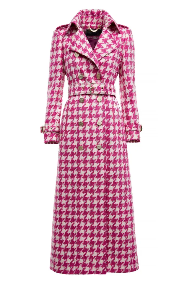 Holland Cooper Full Length Marlborough Trench Coat Hot Pink Large Scale Houndstooth Women Tailoring