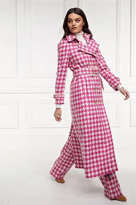 Holland Cooper Full Length Marlborough Trench Coat Hot Pink Large Scale Houndstooth Women Tailoring