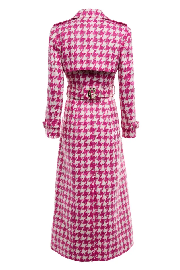 Holland Cooper Full Length Marlborough Trench Coat Hot Pink Large Scale Houndstooth Women Tailoring