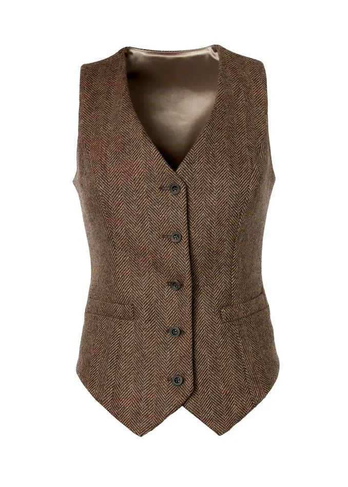 Holland Cooper Hampton Waistcoat Large Scale Brown Herringbone Women Waistcoats