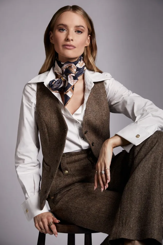 Holland Cooper Hampton Waistcoat Large Scale Brown Herringbone Women Waistcoats