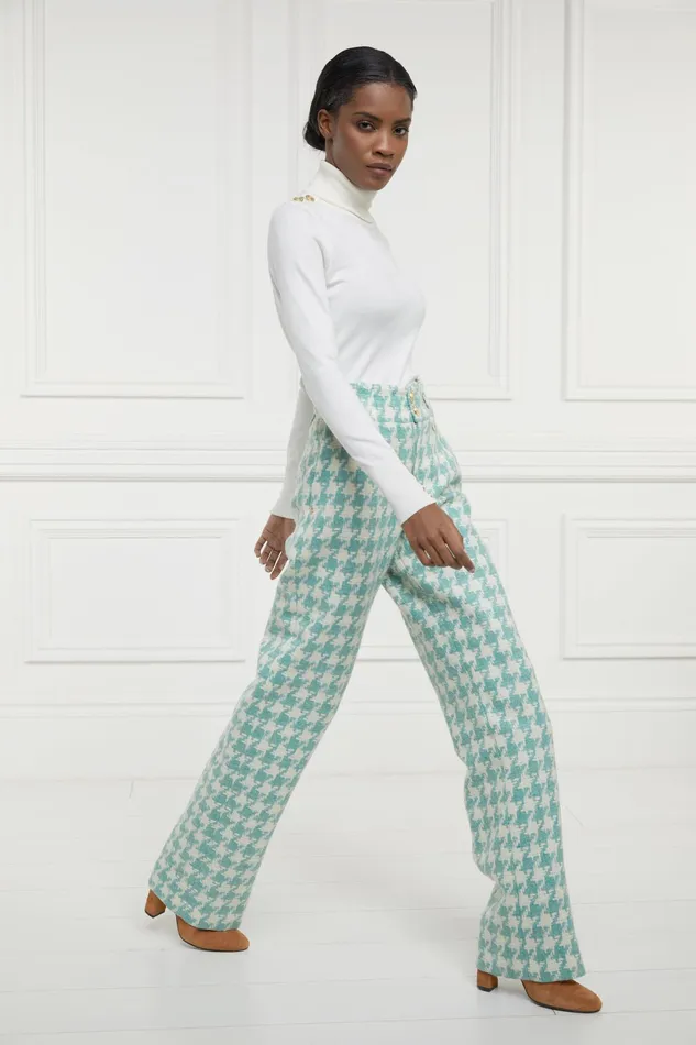 Holland Cooper High Waisted Straight Trouser Large Scale Teal Houndstooth Women Tailoring Holland Cooper High Waisted Straight Trouser Large Scale Teal Houndstooth Women Tailoring