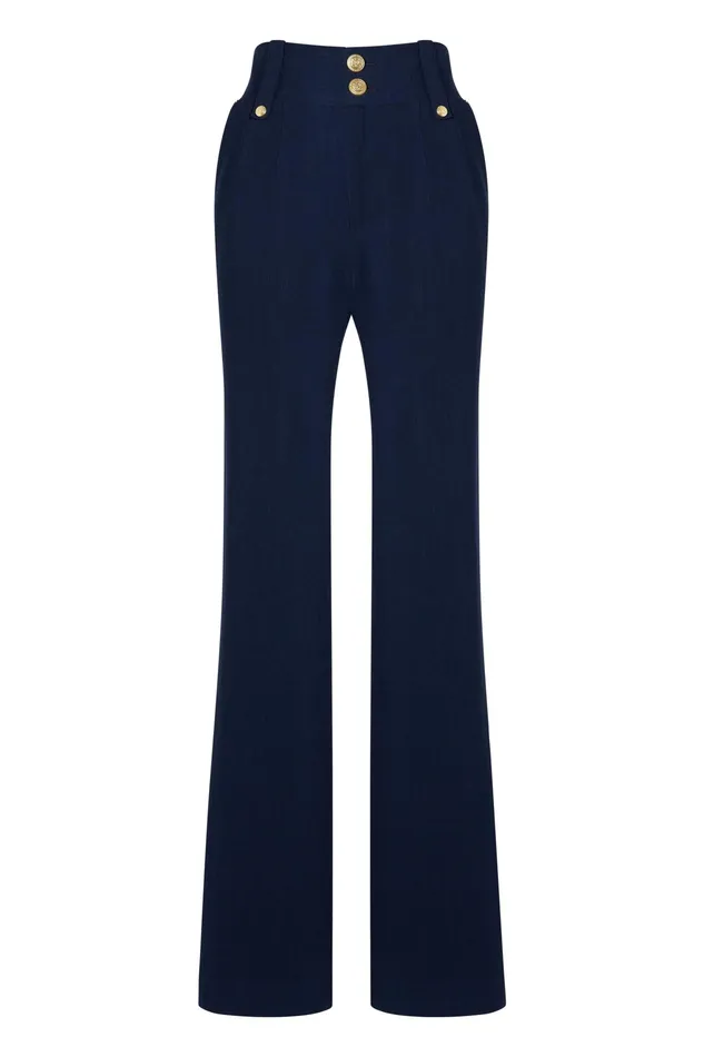 Holland Cooper High Waisted Straight Trouser Navy Linen Women Tailoring Holland Cooper High Waisted Straight Trouser Navy Linen Women Tailoring
