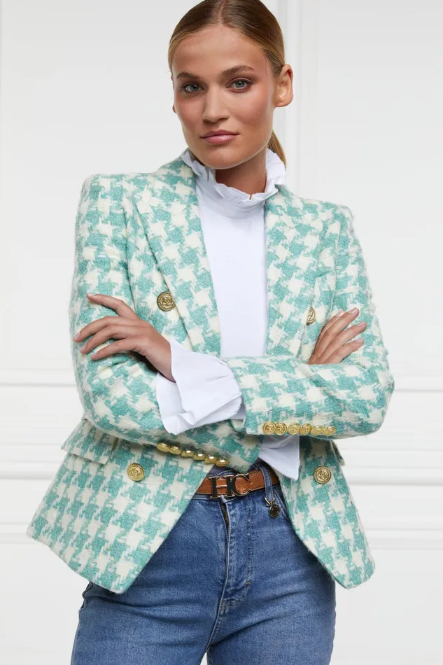 Holland Cooper Knightsbridge Blazer Large Scale Teal Houndstooth Women Tailoring