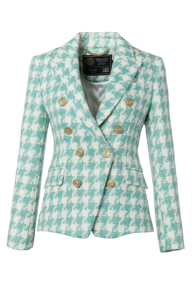 Holland Cooper Knightsbridge Blazer Large Scale Teal Houndstooth Women Tailoring