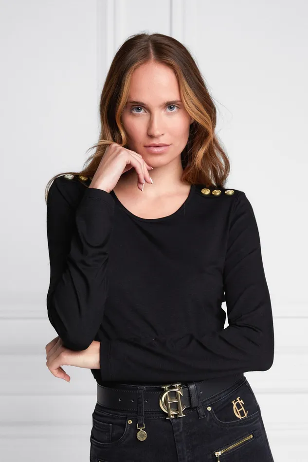 Holland Cooper Long Sleeve Crew Neck Tee Black Women Tops
