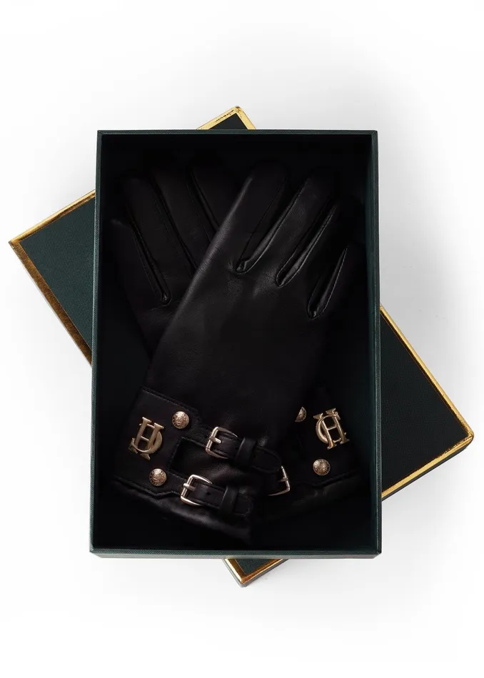Holland Cooper Monogram Leather Gloves Black Women Gloves