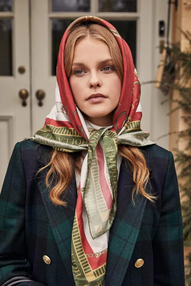 Holland Cooper Regal Horse Silk Scarf Racing Green Heritage Red Women Scarves