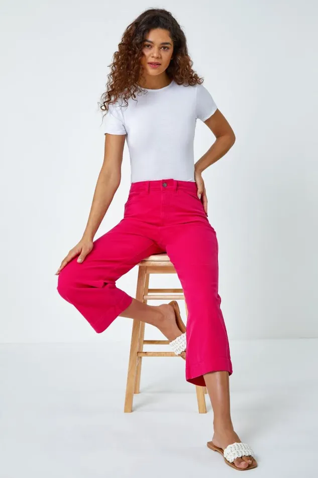 Hot Pink Cotton Denim Stretch Cropped Culottes Women Roman Trousers